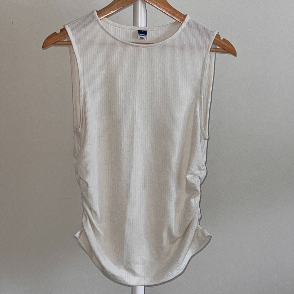 Ribbed Ruched High Neck Tank White